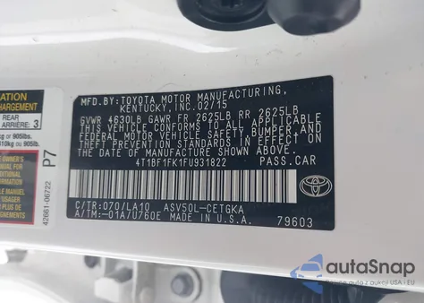 2015 Toyota Camry Xle z USA, uszkodzony, nr VIN 4T1BF1FK1FU931822